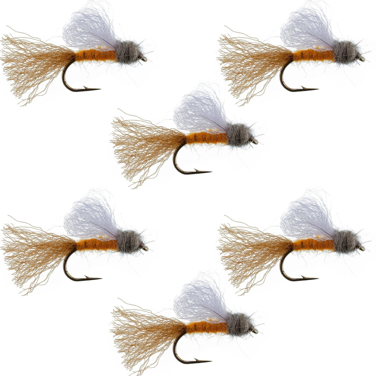 Set of six orange Iris Caddis Emerger dry flies for trout fishing, size 8, featuring realistic insect details by The Fly Fish