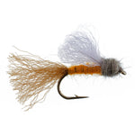 Rusty orange Iris October Caddis Emerger dry fly with hook size 8, designed for trout fishing, featuring realistic fly pattern and materials.