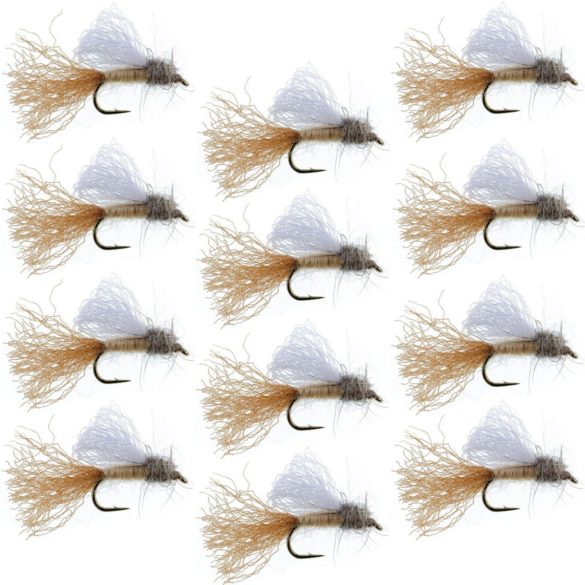 Set of 12 Tan Iris Caddis Emerger Dry Flies for trout fishing, size 14 hooks, by The Fly Fishing Place.