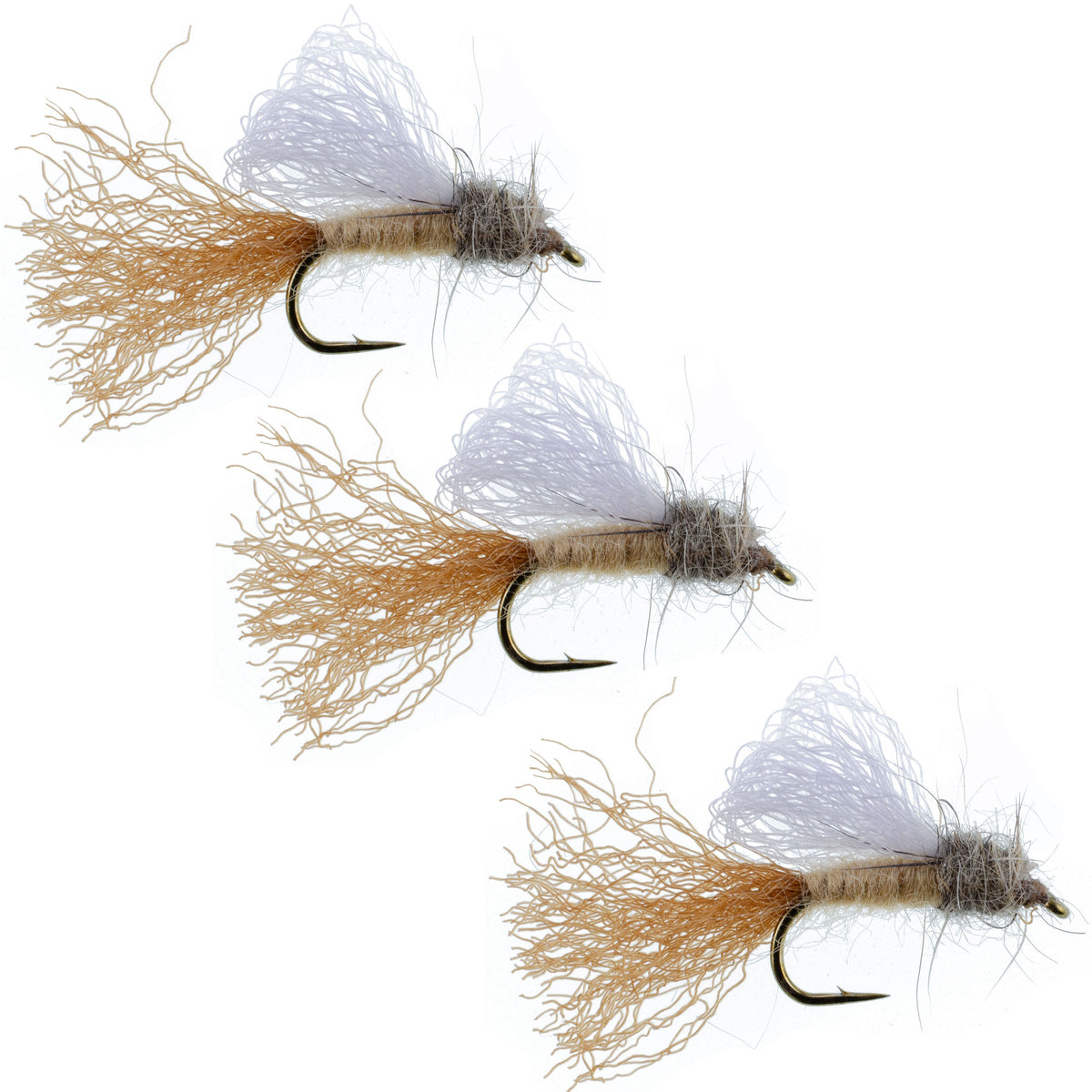 Set of three tan Iris Caddis Emerger dry flies for trout fishing, hook size 14, by The Fly Fishing Place.