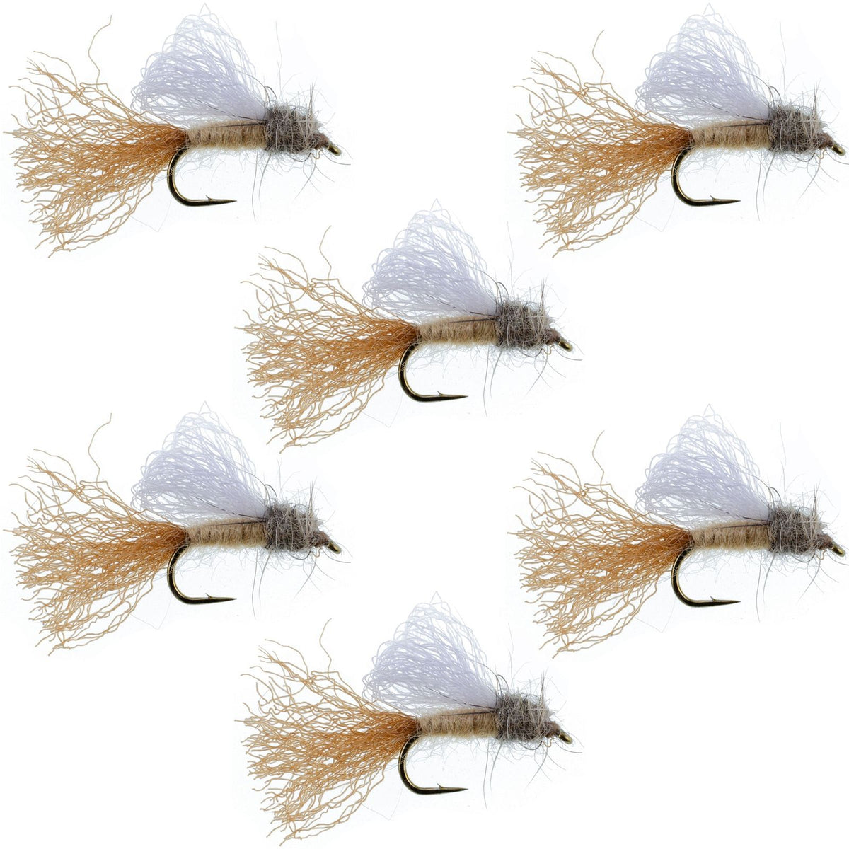 Six fly fishing flies with brown and white bodies on a white background