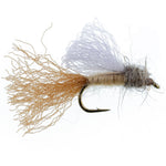 Tan Iris Caddis Emerger dry fly for trout, size 16, from The Fly Fishing Place, with detailed fly pattern and hook.