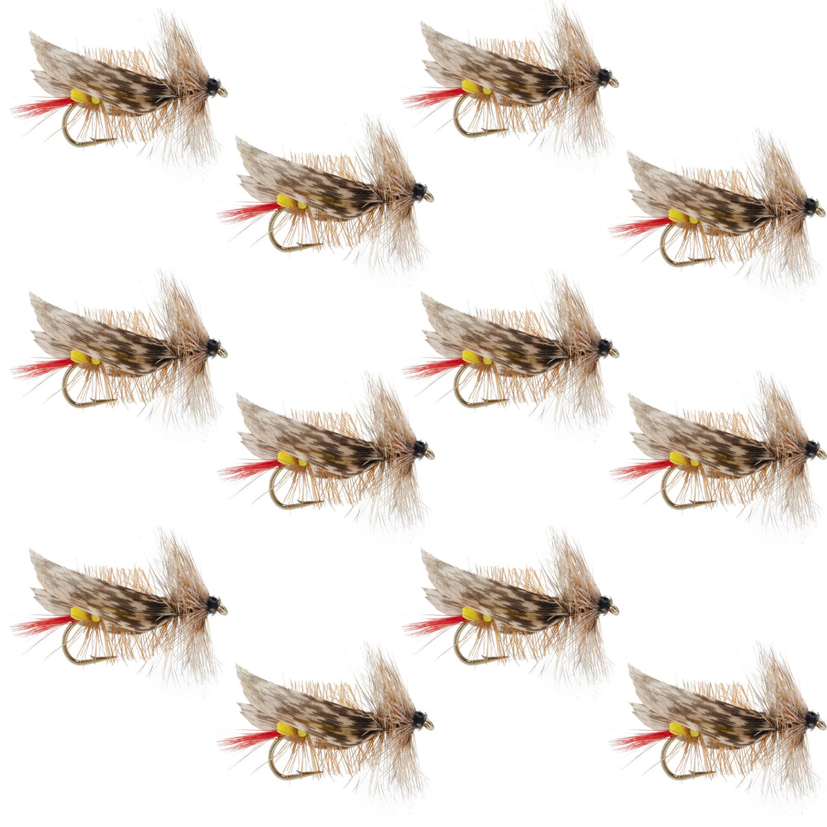 Set of 12 Joe's Hopper yellow foam grasshopper dry flies for trout fishing, size 8, designed to mimic terrestrial insects.