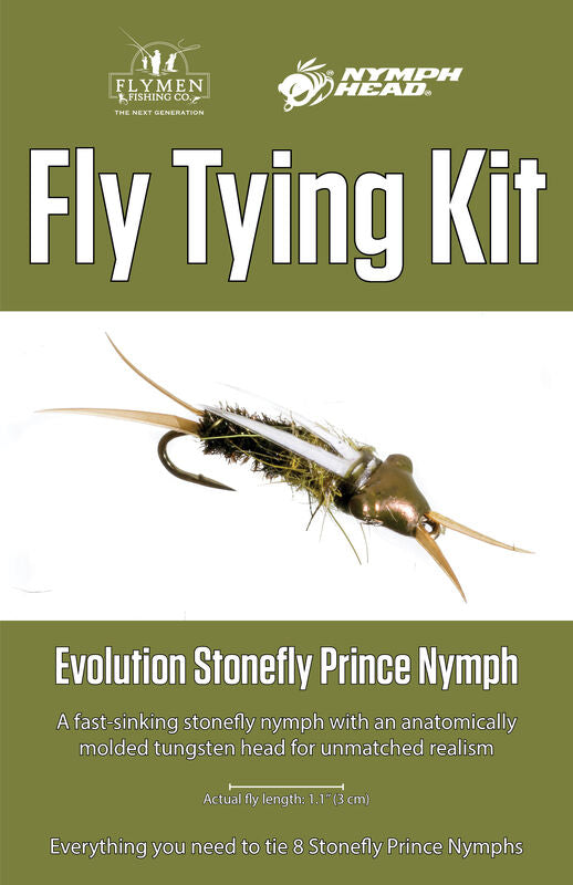 Evolution Stonefly Prince Nymph fly tying kit with materials from Clouser's Fly Shop, including hooks, threads, and feathers for fly tying.