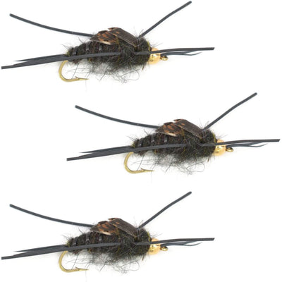 Three Kaufmann's Black Stonefly wet flies with gold bead and rubber legs for trout fishing, size 12 hook, by The Fly Fishing Place.