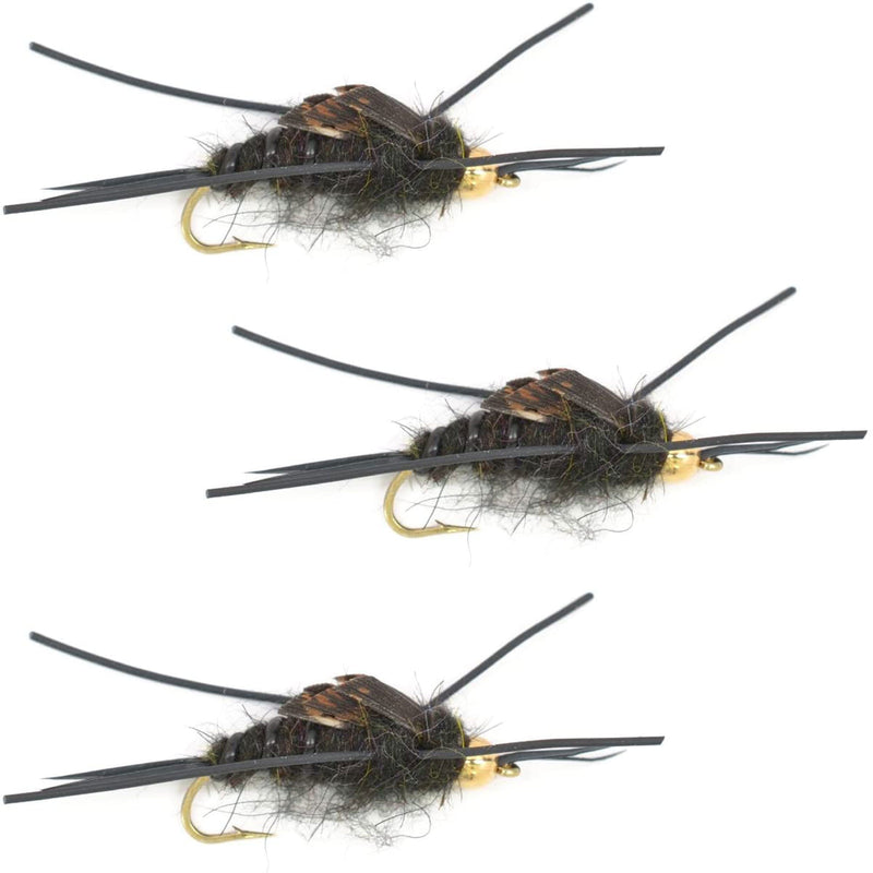 Set of three Kaufmann's black stonefly wet flies with gold beads and rubber legs for trout fishing, hook size 10.
