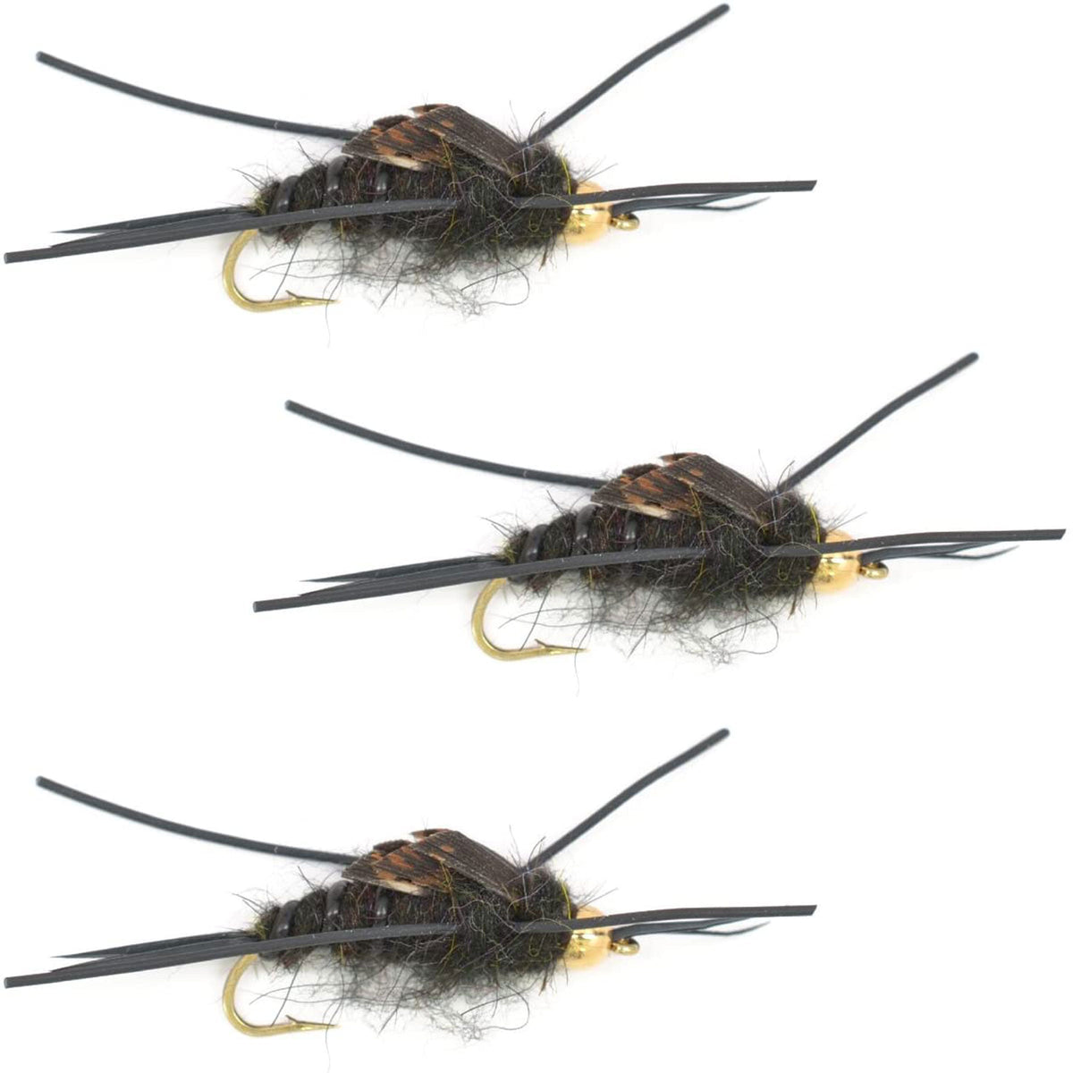 Three Kaufmann's black stonefly wet flies with rubber legs, hook size 4, designed for trout fishing, by The Fly Fishing Place.