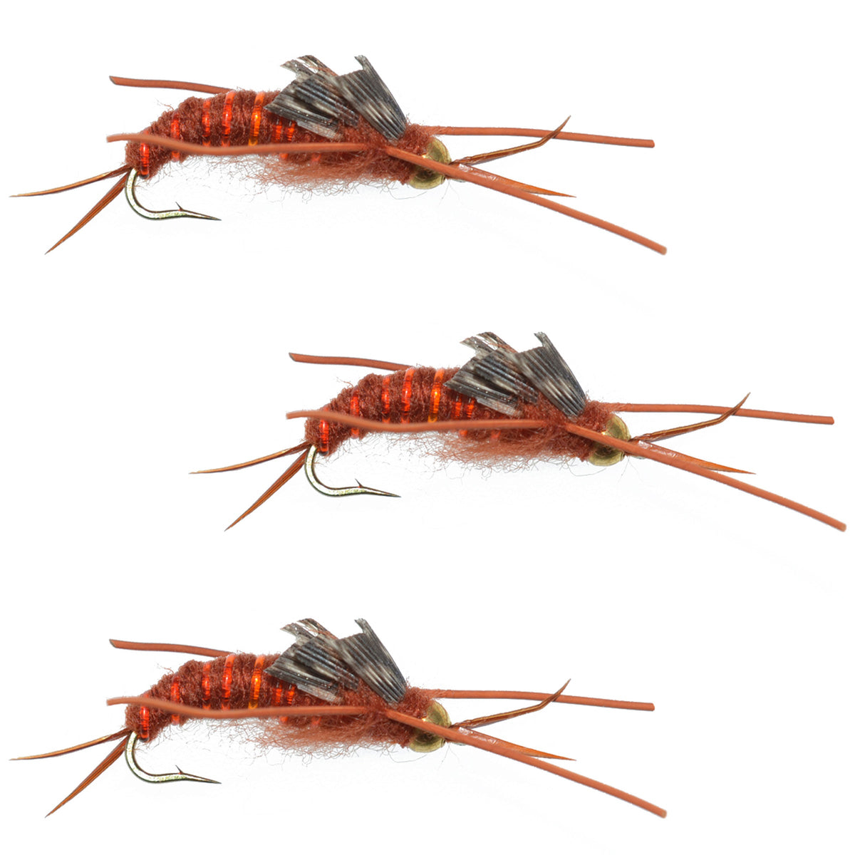 Set of three Kaufmann's brown stonefly wet flies with gold beads and rubber legs for trout fishing, hook size 10.