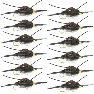 Set of 12 Kaufmann's black tungsten bead stonefly wet flies with rubber legs, size 4, for trout fishing, by The Fly Fishing Place.