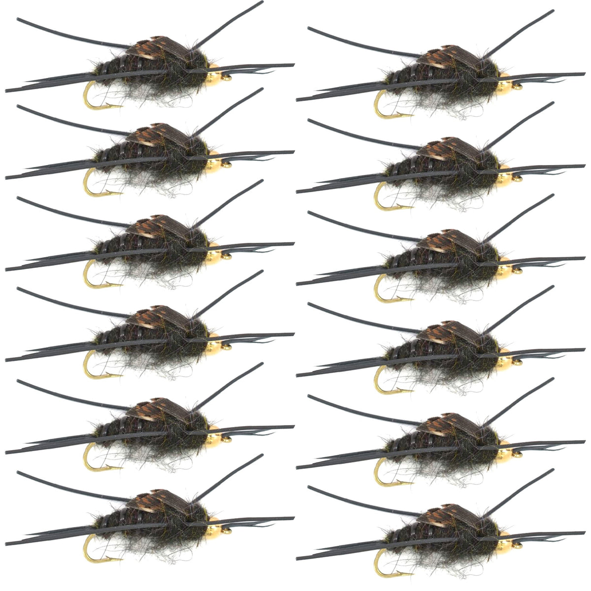 Set of 12 Kaufmann's Black Stonefly Wet Flies with rubber legs for trout fishing, hook size 12, by The Fly Fishing Place.