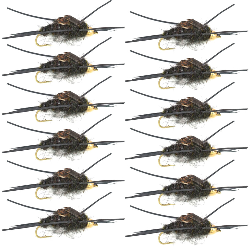 Set of 12 Kaufmann's Black Stonefly Wet Flies with gold beads, rubber legs, and size 4 hooks for trout fly fishing.