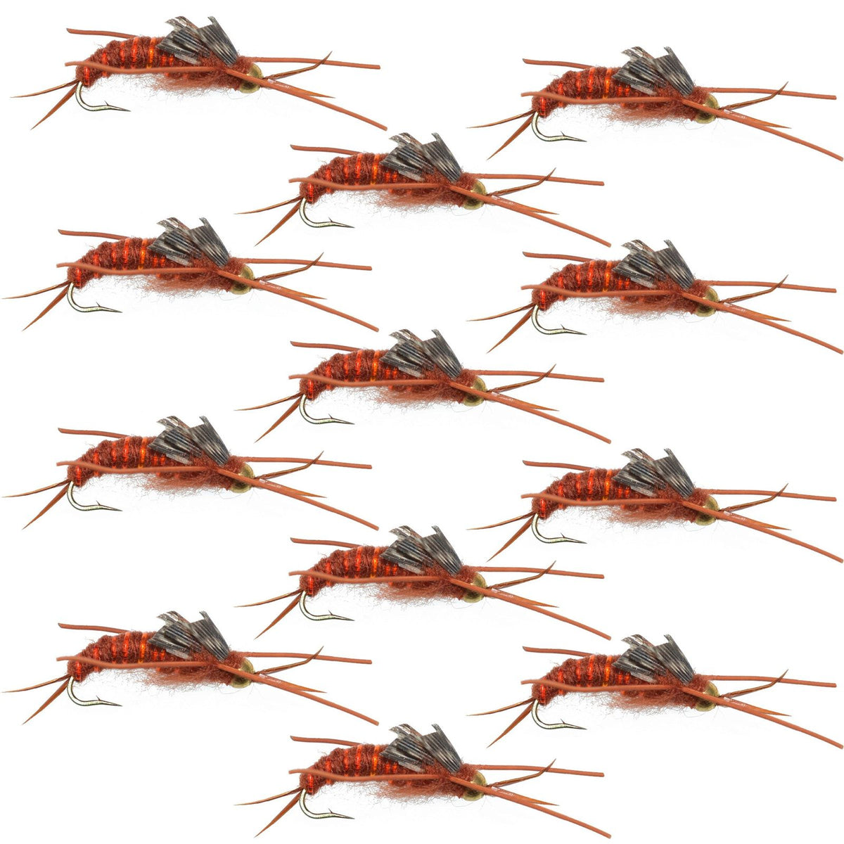 Multiple orange and gray fly fishing lures arranged in a grid on a white background