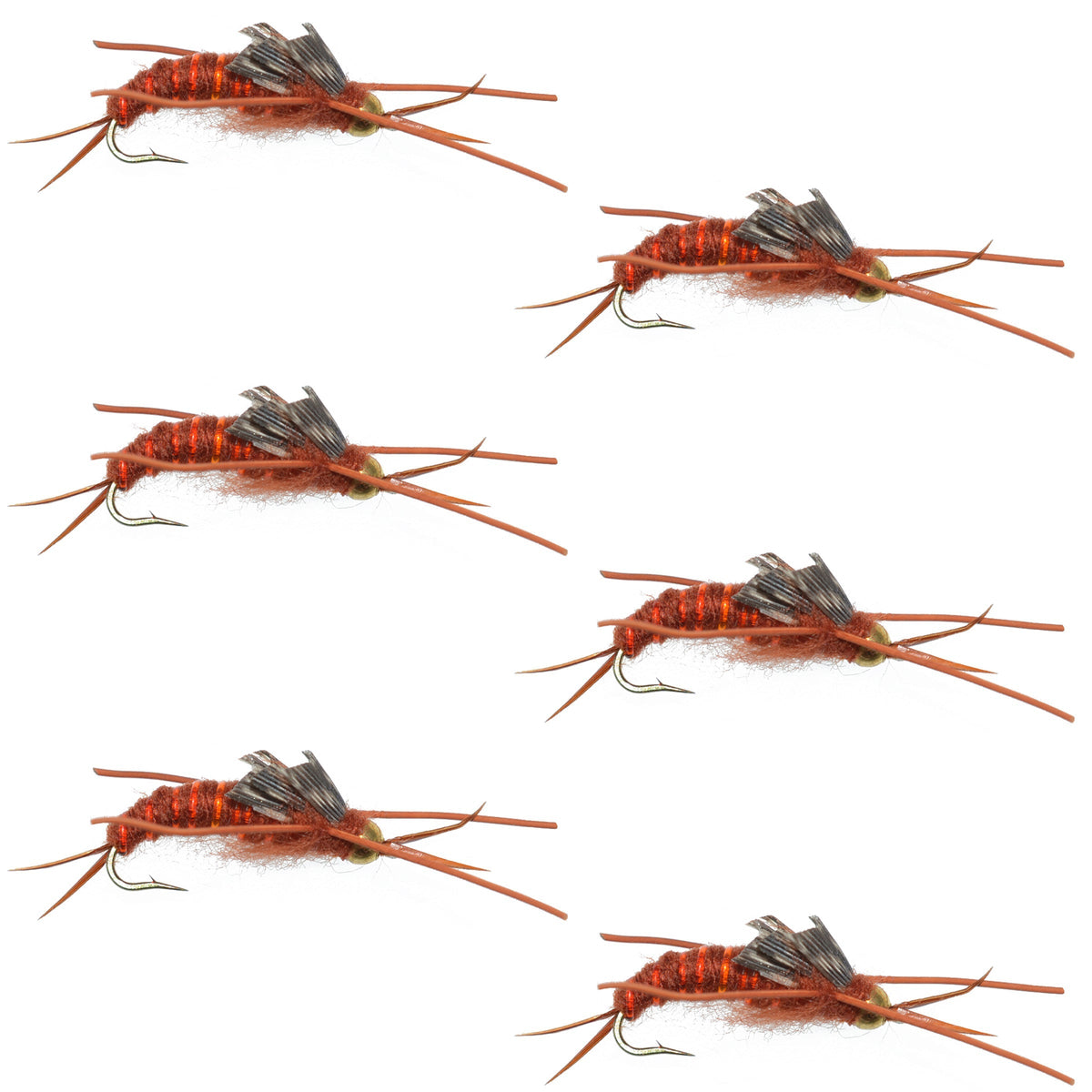 Set of six Kaufmann's Brown Stonefly wet flies with tungsten beads and rubber legs for trout fishing, hook size 8.