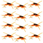 Set of 12 Kaufmann's Golden Stone Fly Nymph tungsten bead trout wet flies with rubber legs, size 6 hooks for fly fishing.