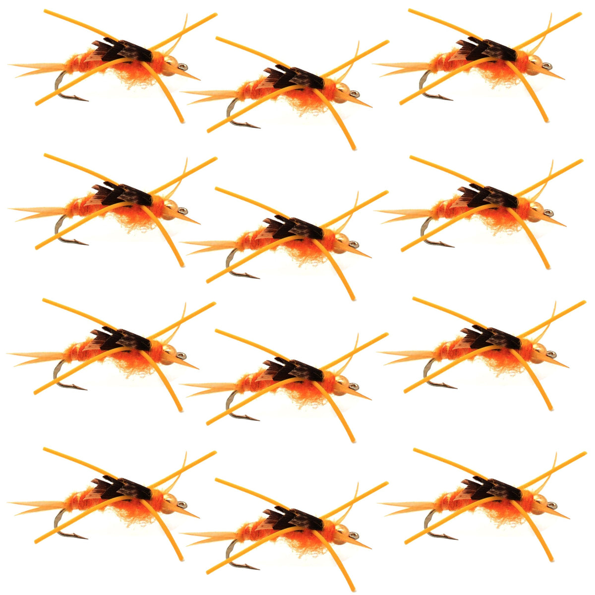 Gold bead Kaufmann's Golden Stone Fly Nymph wet flies with rubber legs, size 10, set of 12 for trout fishing.