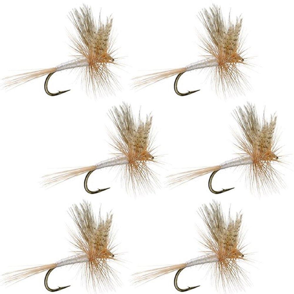 Set of six dry fly fishing lures on a white background