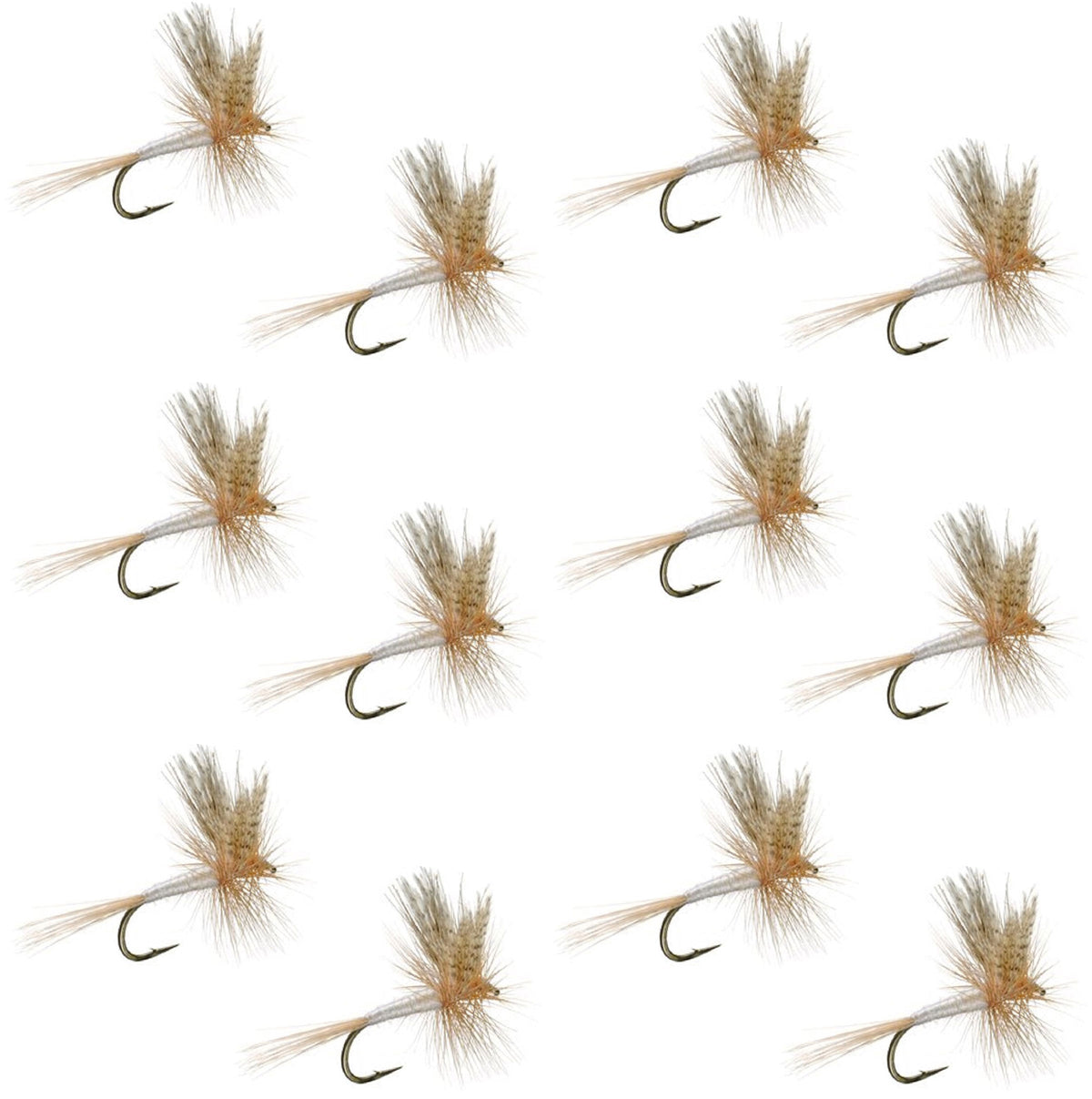 Set of 12 Light Cahill Classic Trout Dry Flies in size 12, premium fishing flies for trout fishing by The Fly Fishing Place
