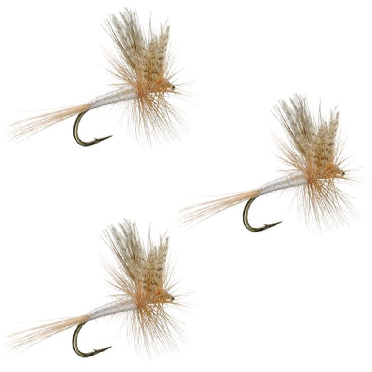 Three Light Cahill Classic Trout Dry Flies by The Fly Fishing Place, size 18, with detailed feather and hackle designs.