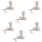 Set of six Light Cahill Parachute Dry Flies for trout fishing, size 16, by The Fly Fishing Place, with detailed fly patterns and hooks.