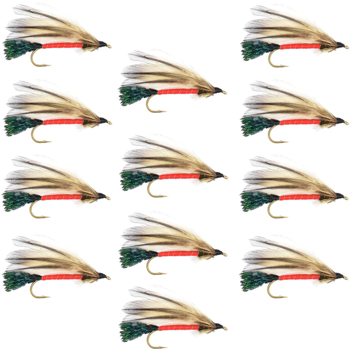 Set of 12 Light Spruce Classic Trout Wet Streamer Flies with size 4 hooks for fly fishing, by The Fly Fishing Place.