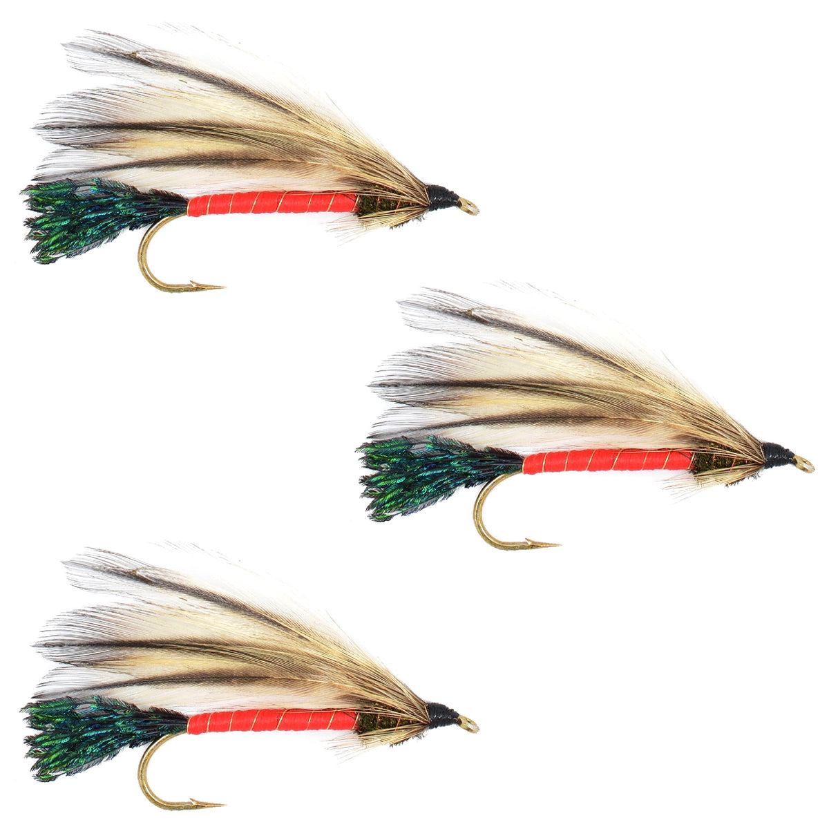 Three Light Spruce Classic Trout and Bass Streamer Flies, hook size 4, for fly fishing with wet trout and bass flies.
