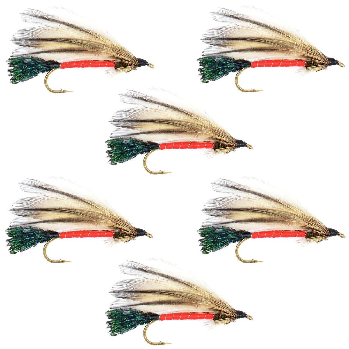 Six Light Spruce Classic Streamer Flies for trout fishing, size 4 hooks, designed by The Fly Fishing Place.
