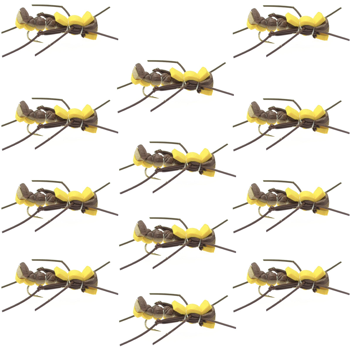Set of 12 yellow Mantis BLT Foam Body Grasshopper dry flies for trout fishing, size 10 hooks, by The Fly Fishing Place.