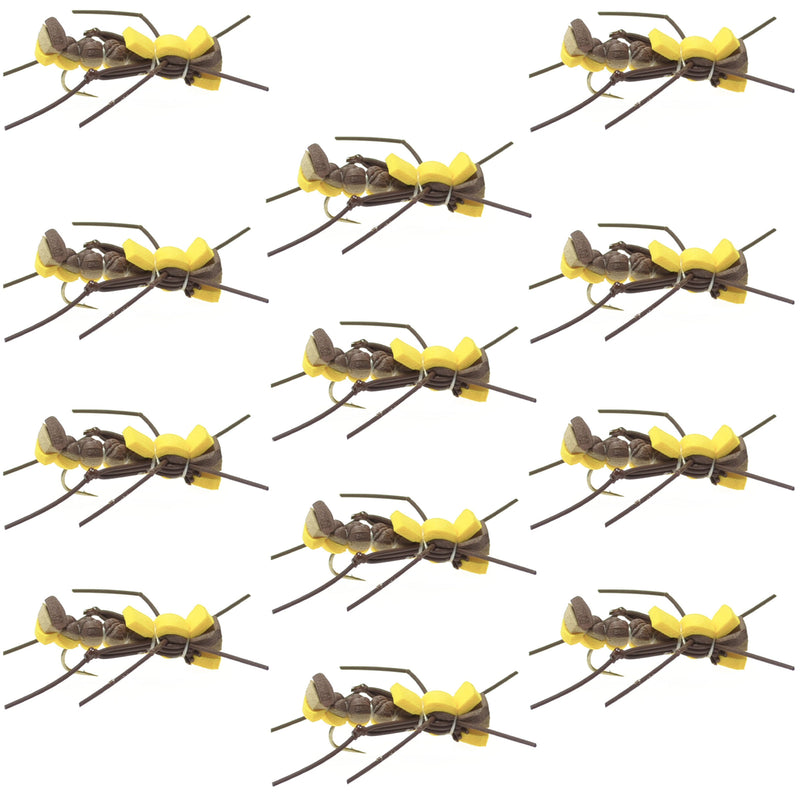 Set of 12 yellow Mantis BLT Foam Body Grasshopper dry flies for trout fishing, size 10 hooks, by The Fly Fishing Place.