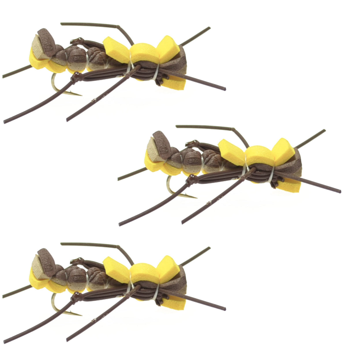 Three yellow Mantis BLT foam body grasshopper dry flies for trout fishing, hook size 10, by The Fly Fishing Place.