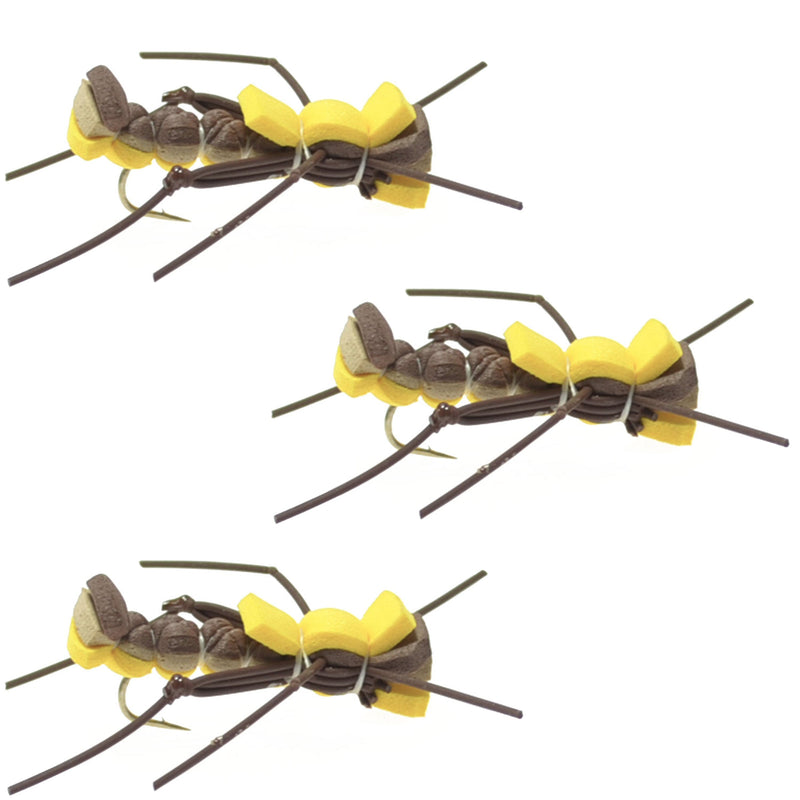 Three yellow Mantis BLT foam body grasshopper dry flies for trout fishing, hook size 10, by The Fly Fishing Place.