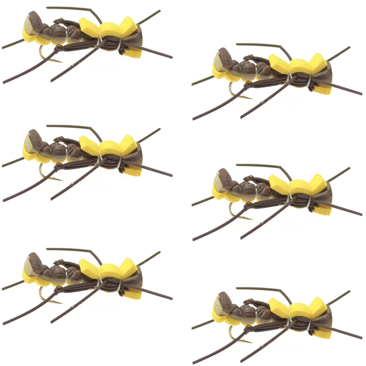 Set of six Mantis BLT Foam Grasshopper dry flies in yellow, size 10, designed for trout fishing by The Fly Fishing Place.