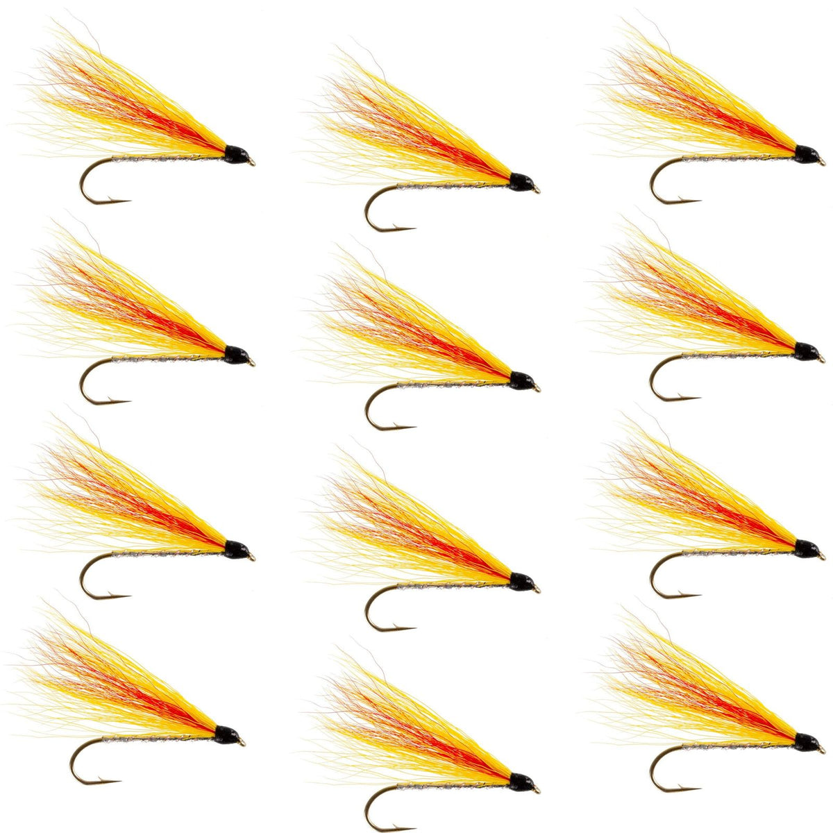 Set of 12 Mickey Finn classic streamer flies for trout fishing, size 4, by The Fly Fishing Place, featuring colorful wet fly