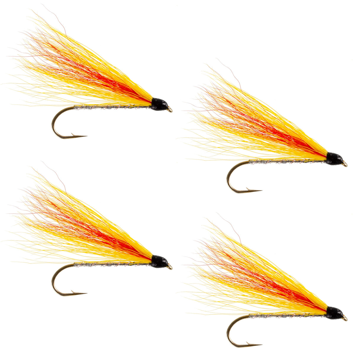 Set of four Mickey Finn Classic Streamer Flies for trout fishing, hook size 4, by The Fly Fishing Place.