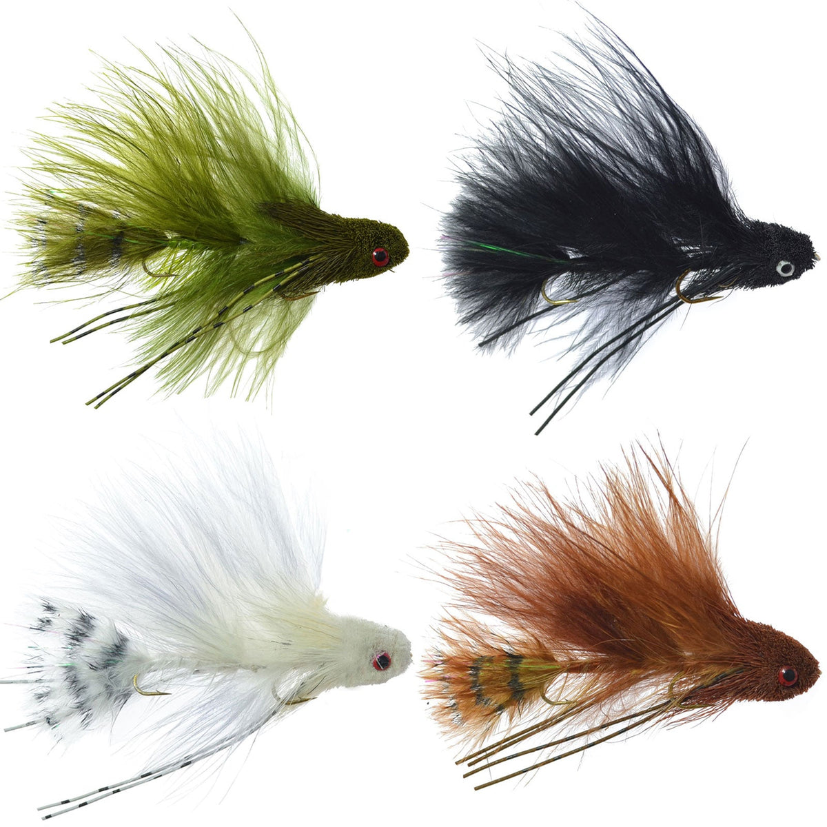 Mini sex dungeon streamer sampler with four colorful trout wet flies, size 6, featuring articulated trout, steelhead, salmon, and bass flies.