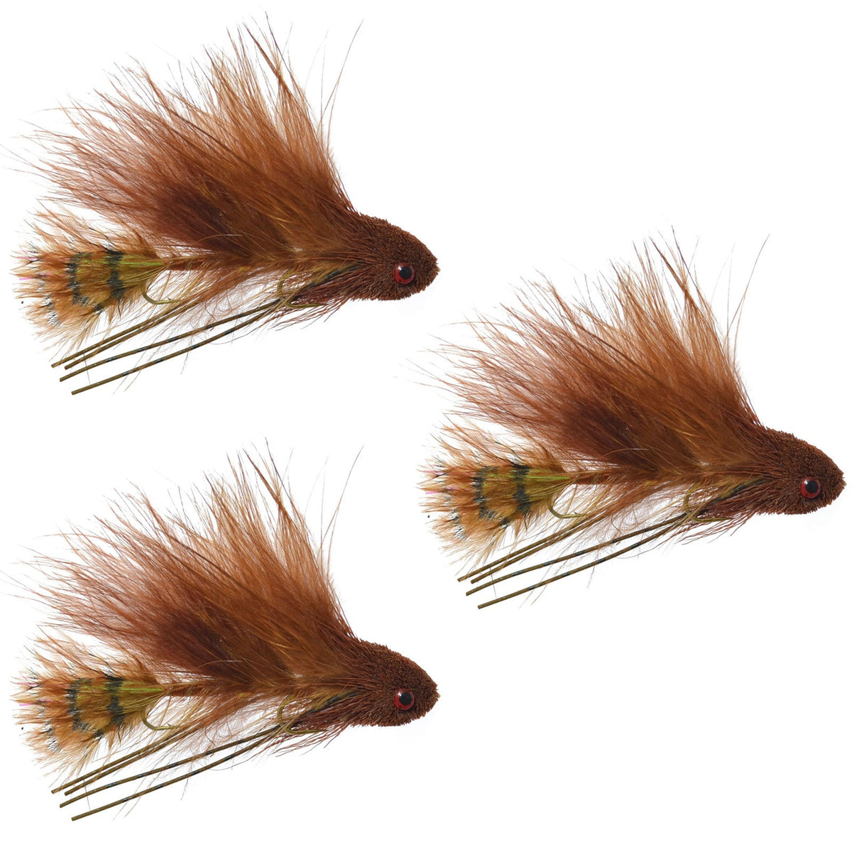 Set of three mini brown trout wet flies for fly fishing, featuring articulated trout, bass, steelhead, and salmon patterns.