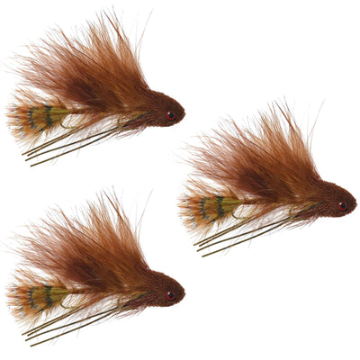 Set of three mini brown trout wet flies for fly fishing, featuring articulated trout, bass, steelhead, and salmon patterns.