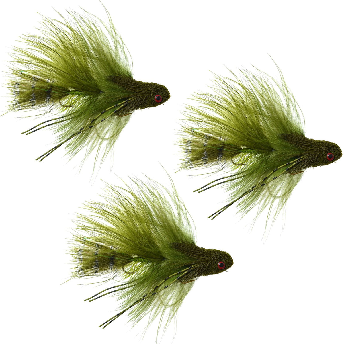 Set of three mini olive trout wet flies for fly fishing, featuring articulated trout, bass, steelhead, and salmon fly patterns.