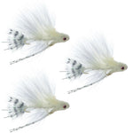 Set of three white mini dungeon trout wet flies for fly fishing, featuring articulated trout, bass, steelhead, and salmon patterns.
