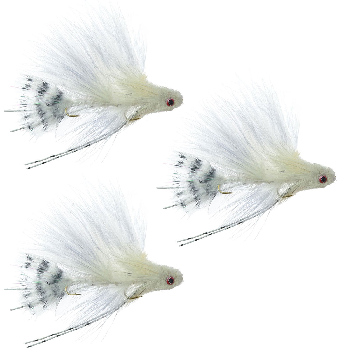 Set of three white mini dungeon trout wet flies for fly fishing, featuring articulated trout, bass, steelhead, and salmon patterns.
