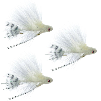 Set of three white mini dungeon trout wet flies for fly fishing, featuring articulated trout, bass, steelhead, and salmon patterns.