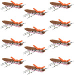 Set of 12 brown and pink foam hopper trout dry flies with hooks, designed for fly fishing by The Fly Fishing Place.
