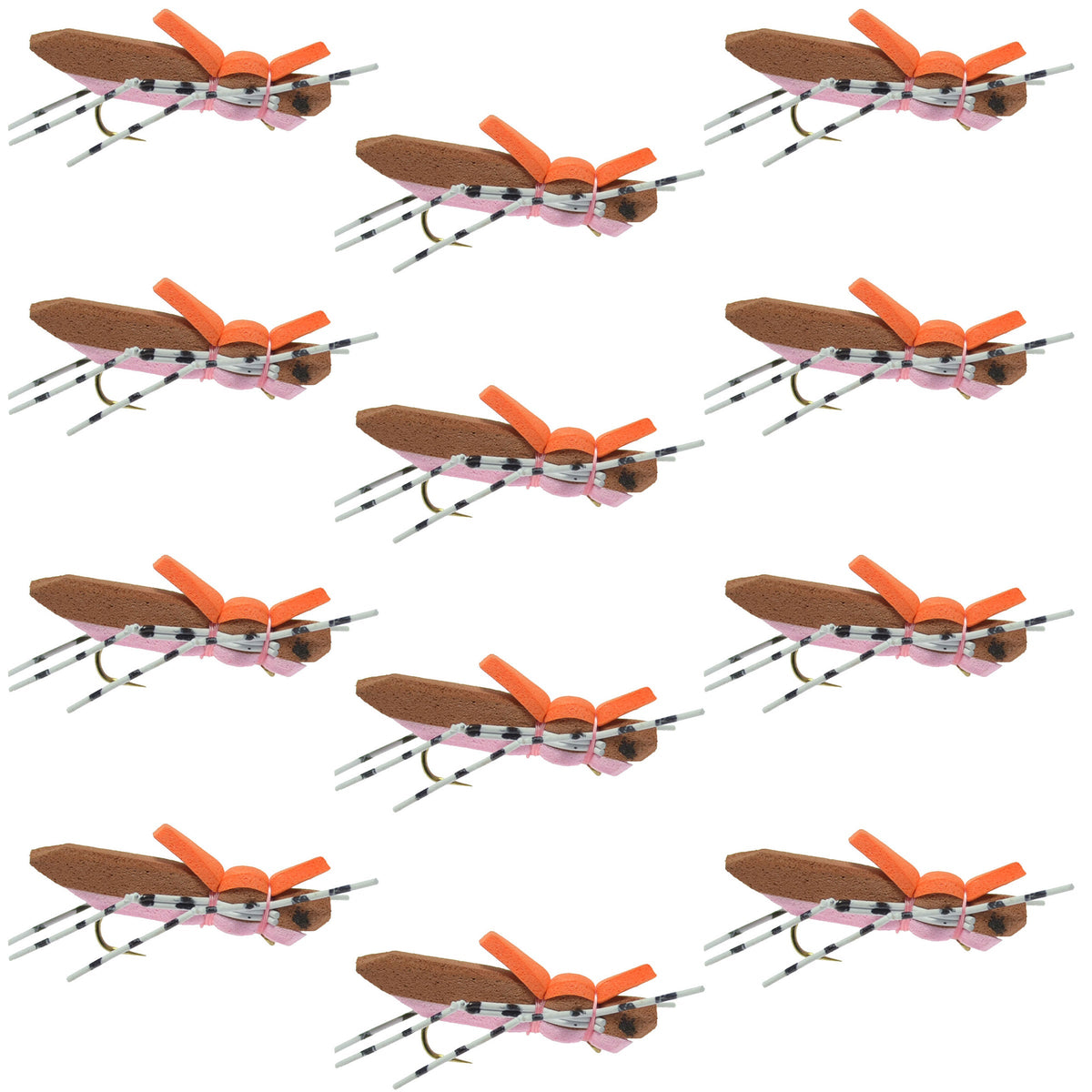Set of 12 brown and pink foam hopper trout dry flies with hooks, designed for fly fishing by The Fly Fishing Place.