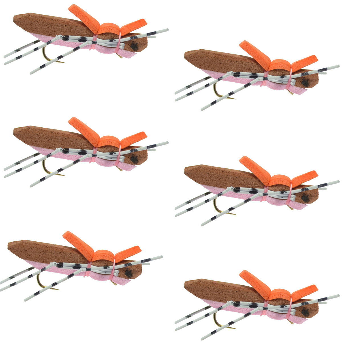 Set of six Moorish Hopper brown pink foam trout dry flies with size 10 hooks for fly fishing.