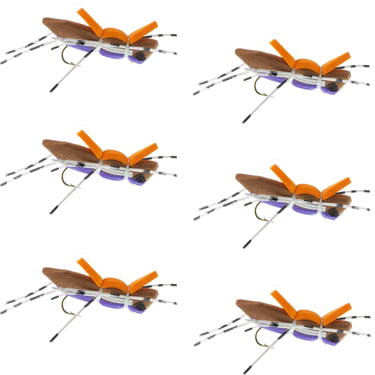 Set of six Moorish Hopper purple foam dry flies for trout fishing with size 10 hooks, designed by The Fly Fishing Place.