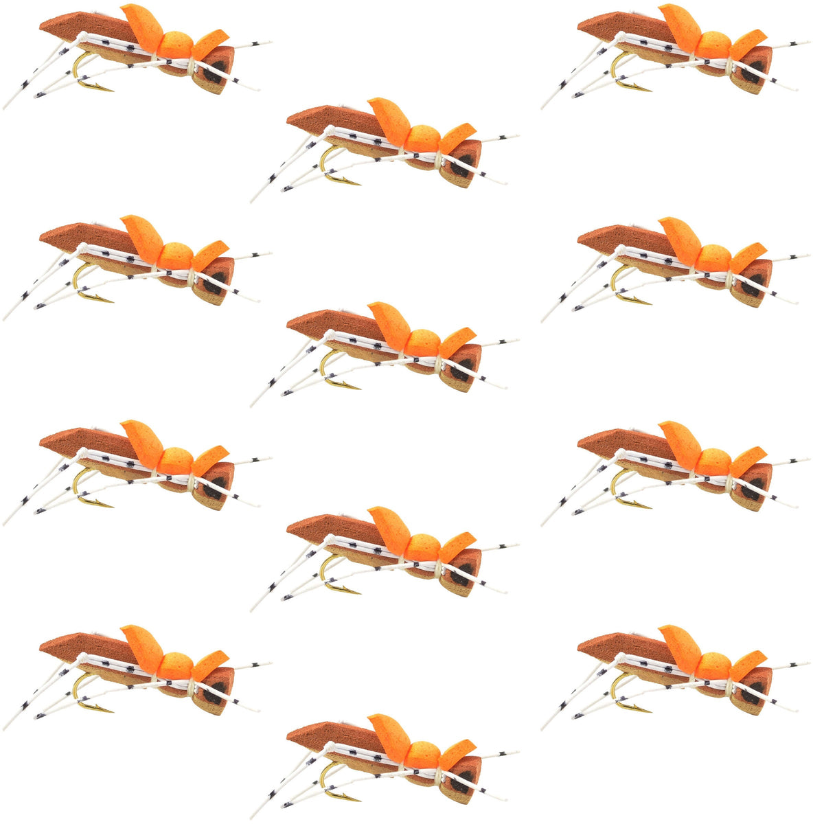 Set of 12 Moorish Hopper brown tan foam dry flies for trout fishing, size 10 hook, by The Fly Fishing Place