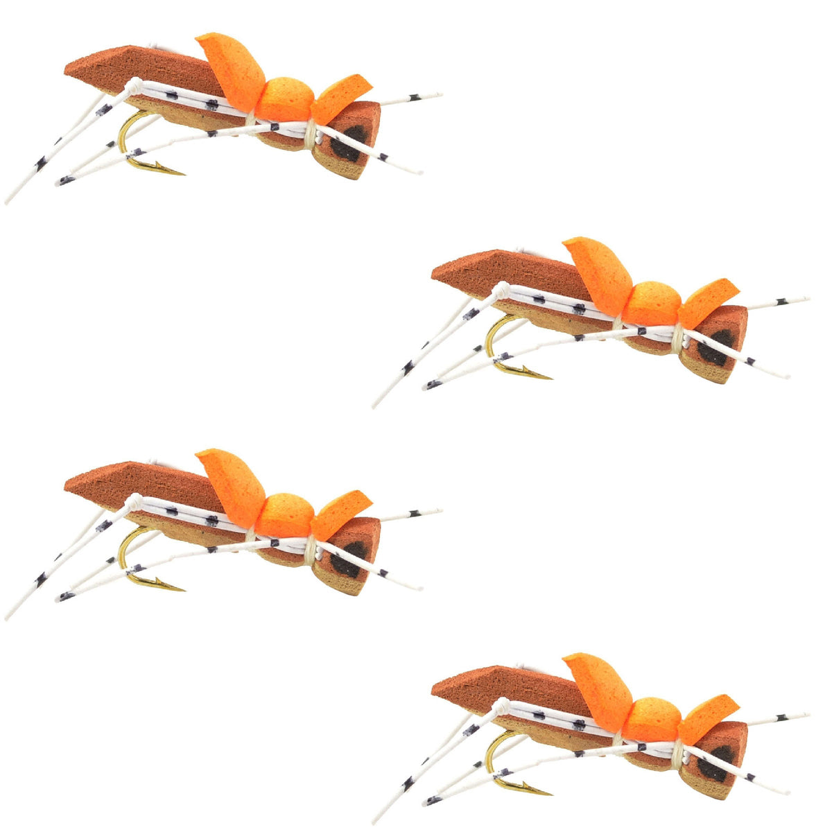 Set of four Moorish Hopper brown tan foam dry flies for trout fishing with size 10 hooks by The Fly Fishing Place.