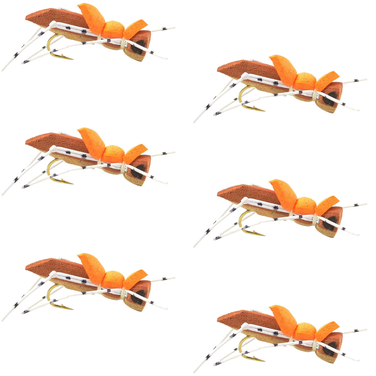 Set of six Moorish Hopper brown tan foam dry flies for trout fishing, size 10 hooks, by The Fly Fishing Place.