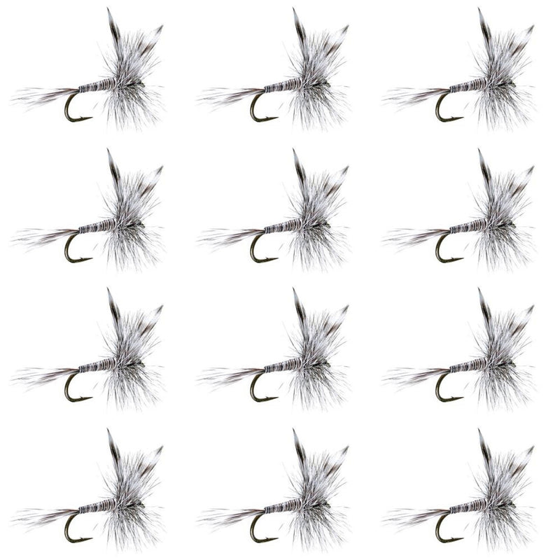 Set of 12 Mosquito Classic Trout Dry Flies in size 10 for fly fishing, featuring realistic patterns from The Fly Fishing Place.