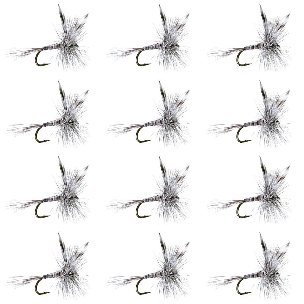 Set of 12 Mosquito Classic Trout Dry Flies in size 14 by The Fly Fishing Place, featuring realistic insect patterns for trout fishing.