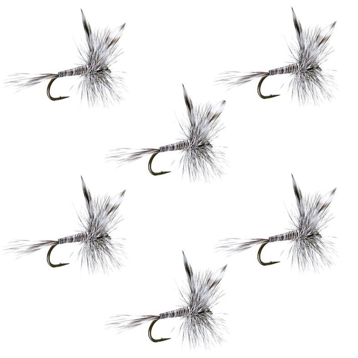 Set of six Mosquito Classic Trout Dry Flies for fly fishing, size 16, featuring detailed feather and hackle craftsmanship.